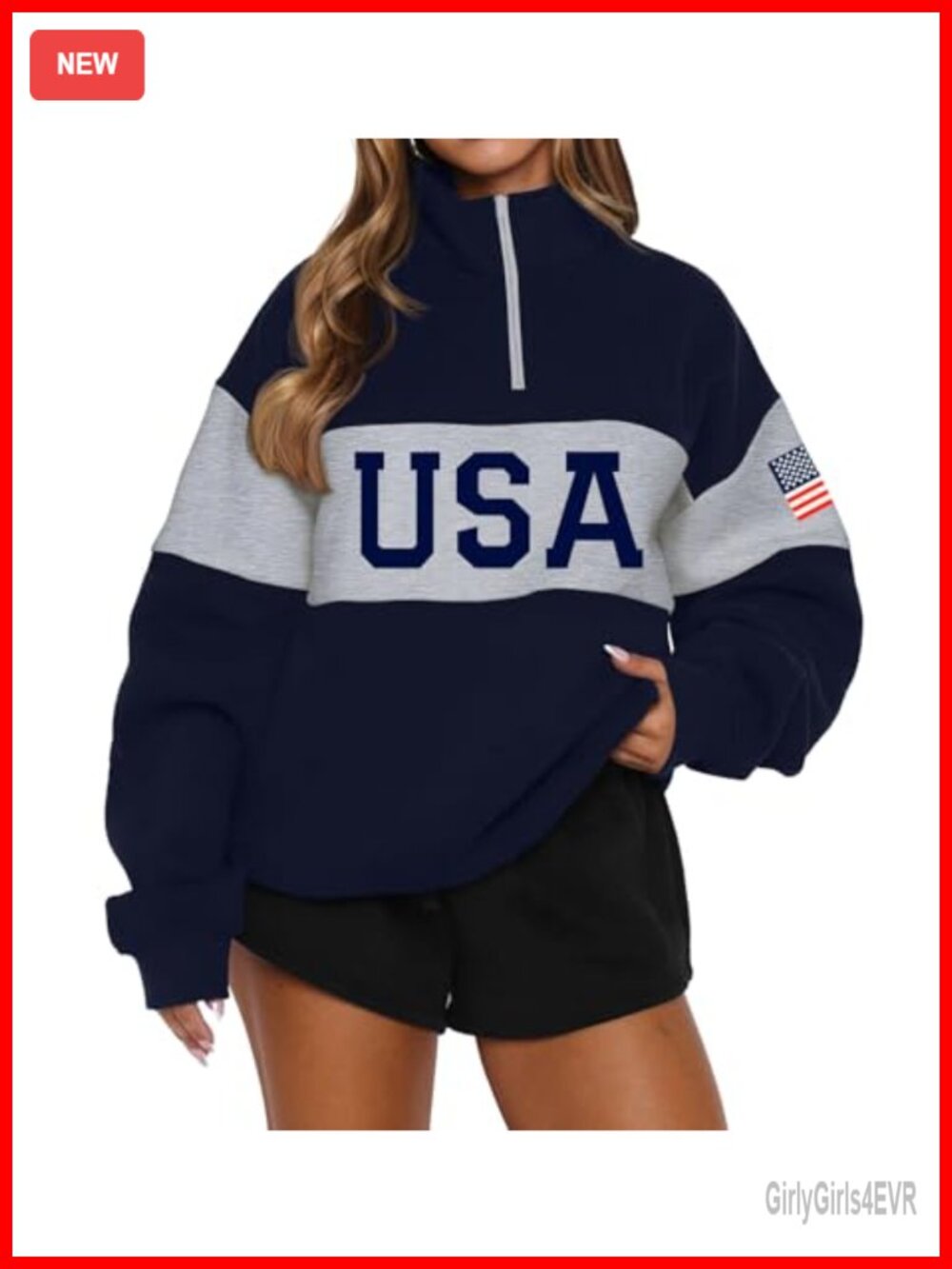 Women Long Sleeve American Flag Sweatshirt Half Zip Fleece Lined Pullover